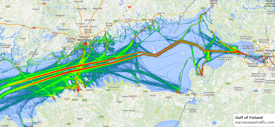 Live Marine Traffic, Density Map and Current Position of ships in GULF OF FINLAND